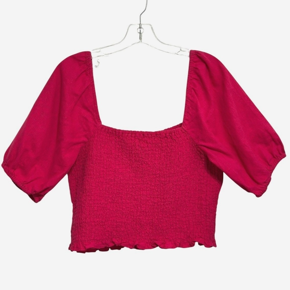 Universal Thread Smock Top Women Red Pink Puff Sleeve Linen Crop Peasant Boho L